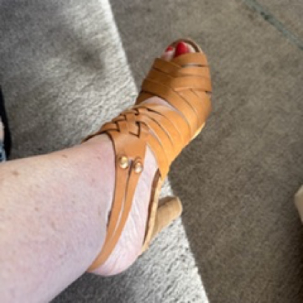 OFFERS - COACH  tan size 9M strappy cork sandals 4 inch wood heel.